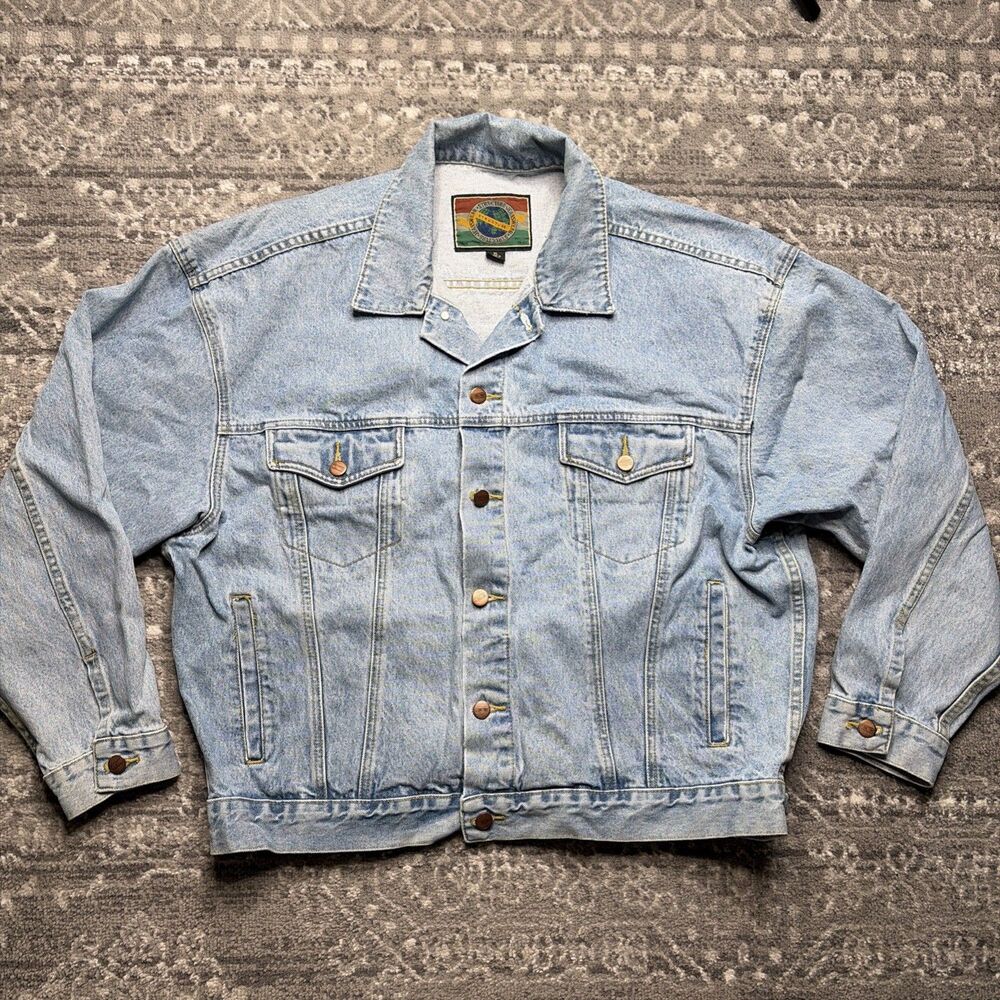 Vintage Structure Jacket Mens XL Blue Denim Faded Trucker Western Rodeo Distress